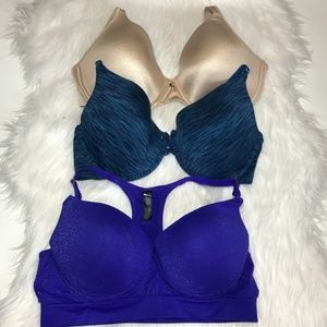 3 Lined Purple Blue Tan Bra Bundle 40D Racerback